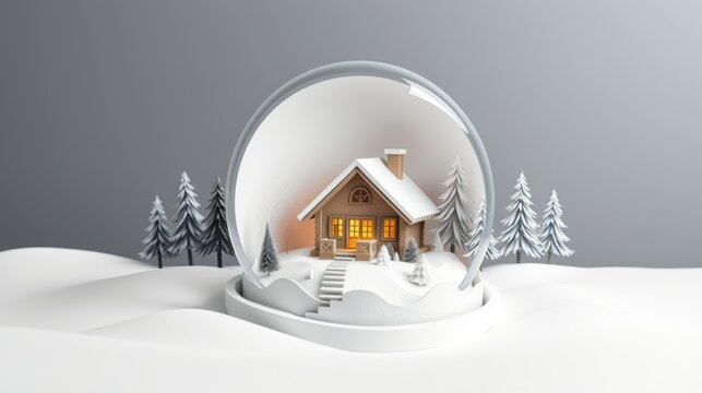 Cozy cabin rests inside glass sphere. Snow covers landscape, trees surround home. Warm light emanates from windows. Peaceful winter scene.