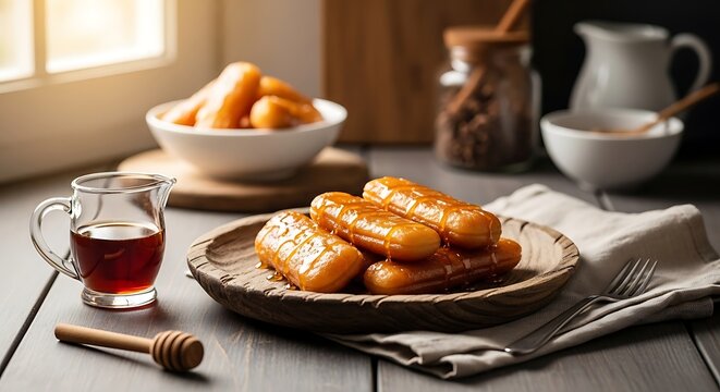 A plate of delicious sweet lokma served on a rustic wooden table with syrup, showing golden deep-fried dough balls in a warm and inviting kitchen setting