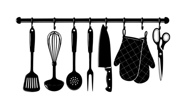 Black and white kitchen utensils hanging vector illustration with spatula whisk ladle and tools