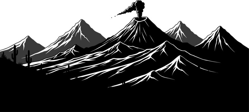 Active volcano erupting smoke amidst a rugged mountain range silhouette