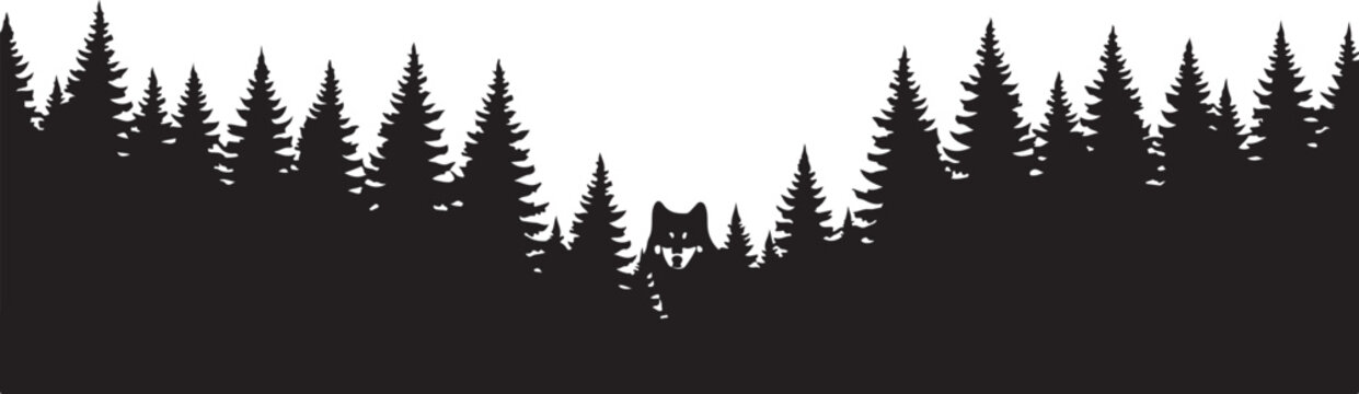 Black forest silhouette, pine tree landscape, nature scene, vector border
