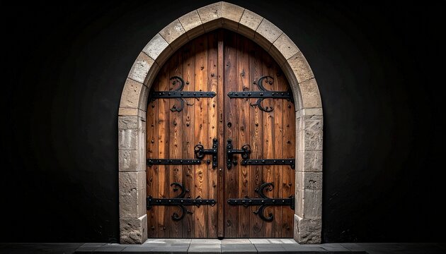 A vintage arched wooden door with intricate black iron hinges set within a rustic stone frame against a dark background in architectural style.