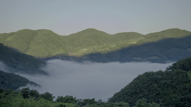봉화 청량산 명호면 일출 안개 HDR 타임랩스, 여름 아침 산 앞 넓게 깔린 안개