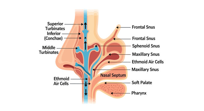 Detailed Diagram of Human Nasal Cavity and Sinuses.