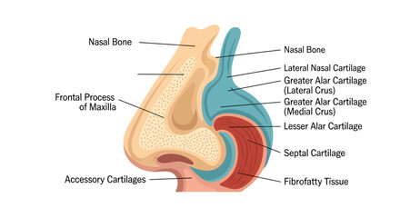 Detailed Diagram of Human Nose Cartilage and Bone Structure. © faizz