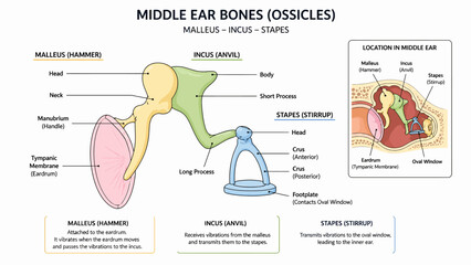 Detailed Diagram of Middle Ear Bones Ossicles Anatomy. © faizz