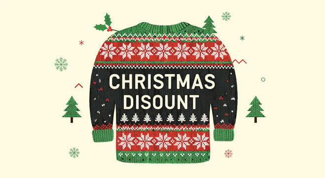 Festive Christmas sweater illustration with the words Christmas Discount and seasonal winter holiday icon elements.