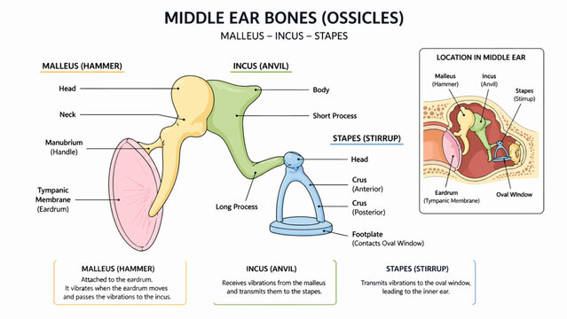 Detailed Diagram of Middle Ear Bones Ossicles Anatomy.