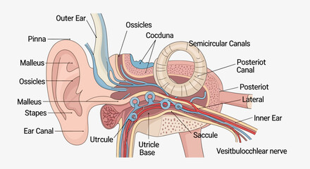 Detailed Diagram of the Human Ear Anatomy and its Components. © faizz
