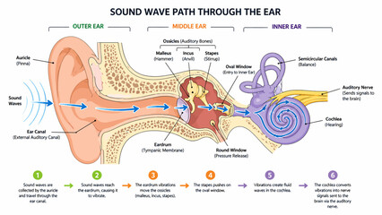 Detailed Diagram of Sound Wave Path Through Human Ear Anatomy. © faizz
