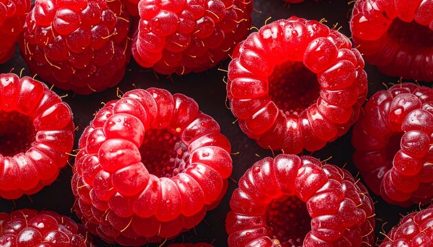 A vibrant close up shot of fresh organic raspberries arranged on a dark background creating a beautiful high contrast natural texture pattern.