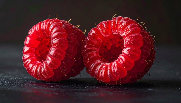 Two fresh ripe red raspberries placed together on a dark textured background for a studio macro photography concept of healthy lifestyle.