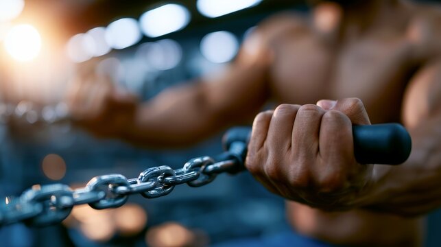 Bright gym close-up of hands gripping rowing machine handles mid-pull with focused effort and power