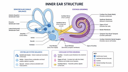 Detailed Diagram of the Human Inner Ear Structure with Labeled Components. © faizz