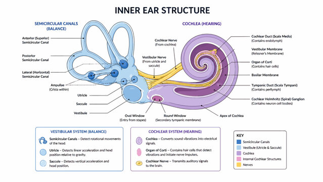 Detailed Diagram of the Human Inner Ear Structure with Labeled Components.