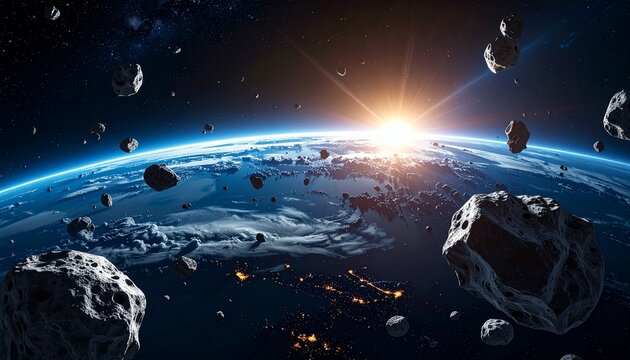 Breathtaking view of planet earth from space surrounded by a cluster of rocky asteroids drifting in the dark cosmic vacuum of outer space.