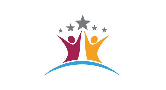 Celebrating success two figures with arms raised beneath stars and a colorful arc high quality