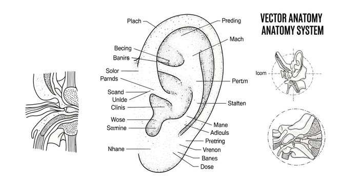 Detailed Human Ear Anatomy Diagram with Labels for Medical Education.