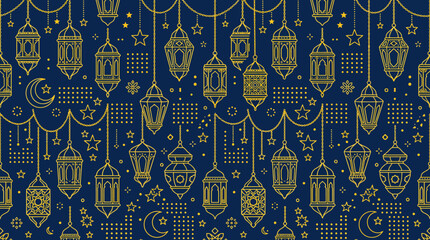 Intricate gold and blue lanterns pattern featuring ornate arabesque motifs for decorative design and textile graphics. © pixmastock