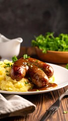 Naklejka premium A plate of sausages on mashed potatoes with gravy and herbs