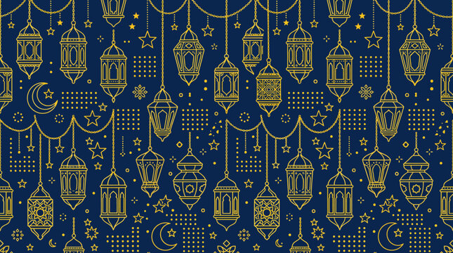 Intricate gold and blue lanterns pattern featuring ornate arabesque motifs for decorative design and textile graphics.