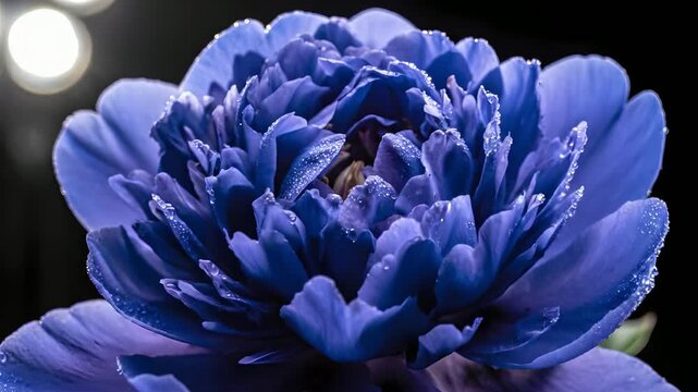 Peon&iacute;a azul floreciendo en time-lapse con gotas de roc&iacute;o, apertura floral elegante para el D&iacute;a de la Madre, fondo negro cinematogr&aacute;fico, ideal para est&eacute;tica de lujo y belleza.
