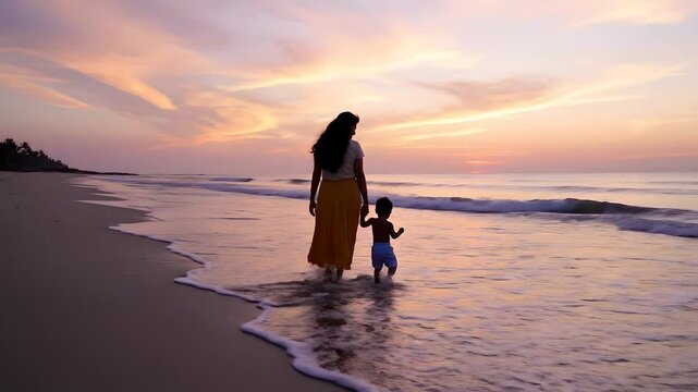 Madre e hijo peque&ntilde;o caminan de la mano por la playa al atardecer, silueta emocional frente al mar, concepto de amor maternal y vacaciones familiares para el D&iacute;a de la Madre.