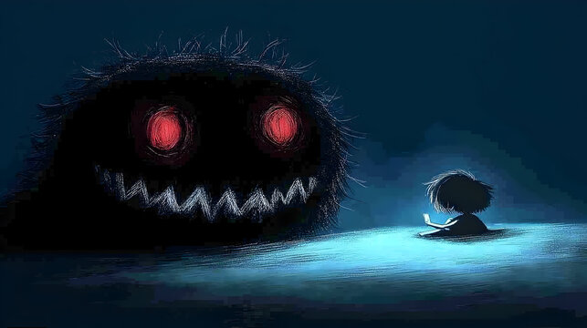 Spooky dark monster with glowing red eyes, shadowy creature facing a small child, eerie nightmare illustration of childhood fears and anxiety