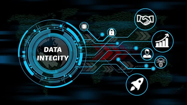 data integrity digital ecosystem concept with smart technology, business icons and high-speed data network. 4k video animation on world map background. 