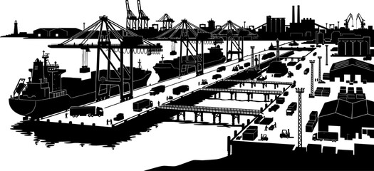 Obraz premium Busy shipping port silhouette with trucks and container cranes