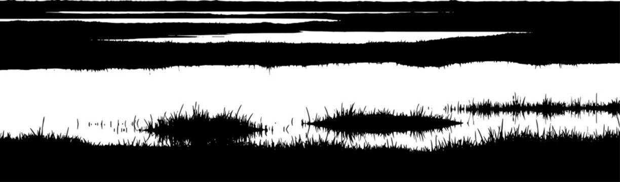 Calm lake surface with small islands of marsh grass silhouette