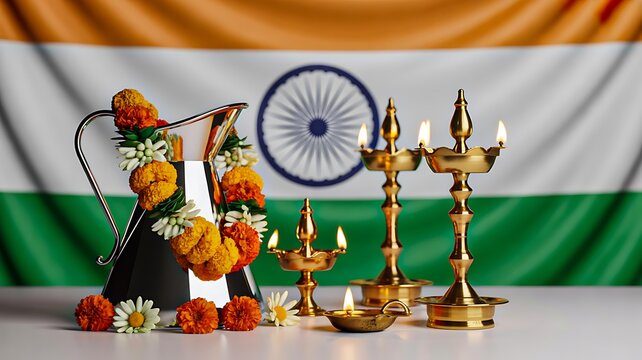 Indian festival decoration with oil lamps flowers and kalash on tricolor flag background cultural celebration concept
