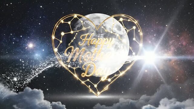 Feliz D&iacute;a de la Madre en un coraz&oacute;n dorado brillante sobre una luna llena en el espacio exterior. Fondo m&aacute;gico con estrellas y nubes para marketing y saludos emotivos.