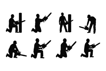 Naklejka premium Lumberjack silhouette collection eight dynamic poses with chainsaws and logs