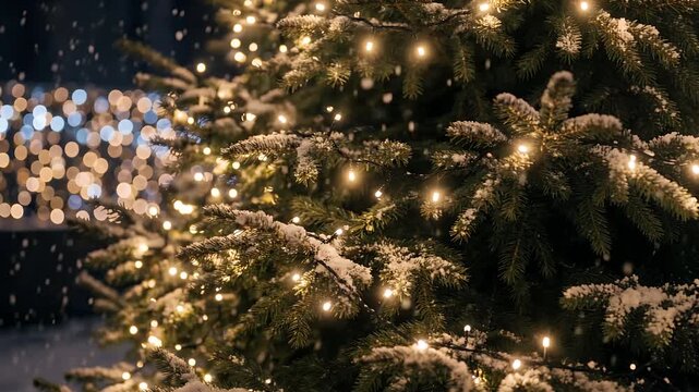 Close-up of a snow-covered evergreen tree adorned with warm string lights during a winter snowfall, creating a festive holiday atmosphere.