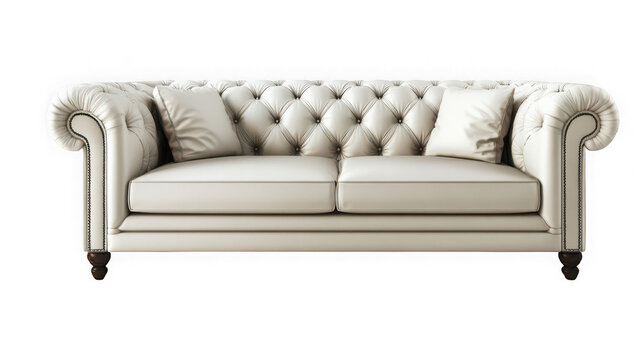 Elegant white tufted sofa with pillows isolated on transparent background