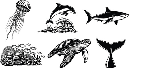 Obraz premium marine life silhouette set, ocean animals collection, dolphin shark turtle jellyfish coral fish, sea wildlife vector illustration, aquatic nature design pack