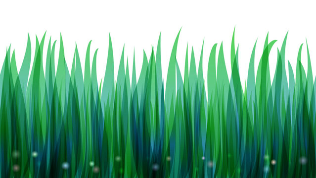 Horizontal seamless green grass border with fireflies on transparent background. Vector fantasy lawn landscape with magical glowing lights. Endless summer meadow for panoramic design and eco decor.