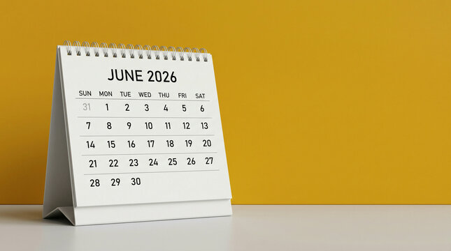 Desk Calendar for June 2026 on White Table with Yellow Background