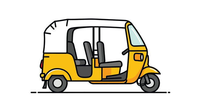 A vibrant yellow auto rickshaw a common three wheeled vehicle is depicted in a simple cartoon style
