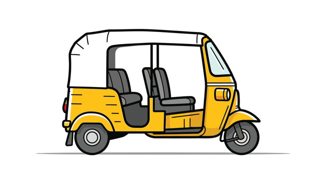 A vibrant yellow auto rickshaw illustration showcasing its open air passenger cabin and three wheeled design