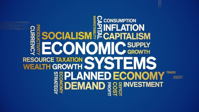 Economic Systems animated word cloud-text design animation tag kinetic typography seamless loop.