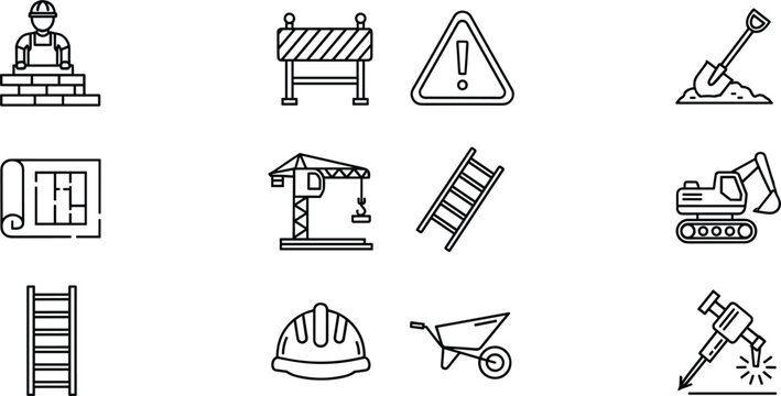 Set of Construction and Building Icons Including Bricklayer, Barricade, Warning Sign, Shovel, Blueprint, Crane, Ladder, Excavator, Helmet, Wheelbarrow
