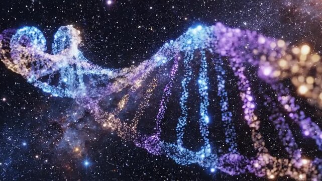 Abstract DNA helix structure glowing in cosmic nebula background.