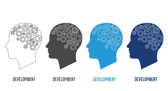 Four stages of brain development illustrated with profile views filled with gear mechanisms high quality