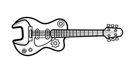 Fototapeta premium Line art illustration of a creative electric guitar with a wrench and gears, symbolizing the fusion of music and mechanics.