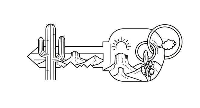 Minimalist line art illustration of a key symbolizing desert adventure and exploration, featuring a saguaro cactus, mountains, and sun.