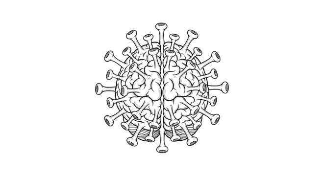 A detailed line drawing depicts a coronavirus particle with prominent spikes showcasing its complex structure