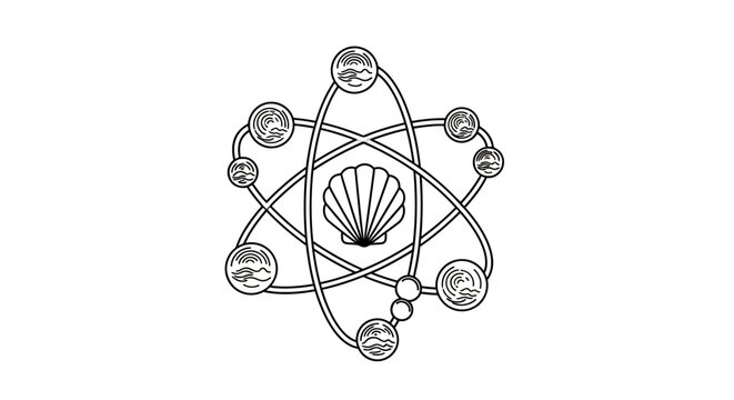 Conceptual line art of a scallop shell surrounded by abstract atomic orbitals, symbolizing science, nature, and interconnectedness.