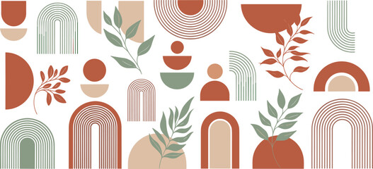 Abstract boho shapes and botanical elements vector set featuring arches and geometric forms in earthy minimalist style © jafrine